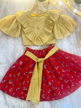 Load image into Gallery viewer, Gold and Glitter - Ruffle and cold shouldered top with paper bag skirts