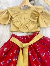 Load image into Gallery viewer, Gold and Glitter - Ruffle and cold shouldered top with paper bag skirts