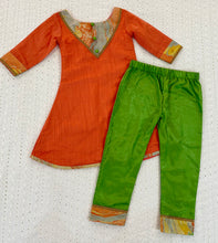 Load image into Gallery viewer, Baby-girls Orange Jute Silk Kurta Set (0-7ears)