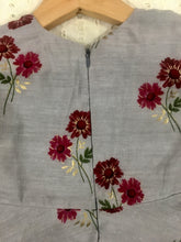 Load image into Gallery viewer, Grey & Red Crepe Silk Floral Print Long Dress with Cape