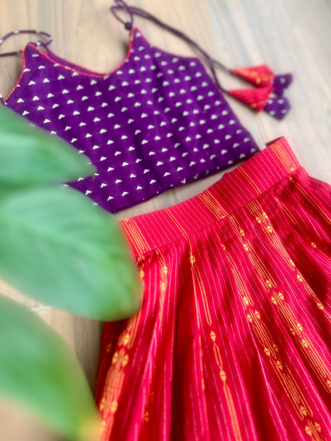 Holy Hibiscus - Purple and red jacquard cotton handwoven lehenga