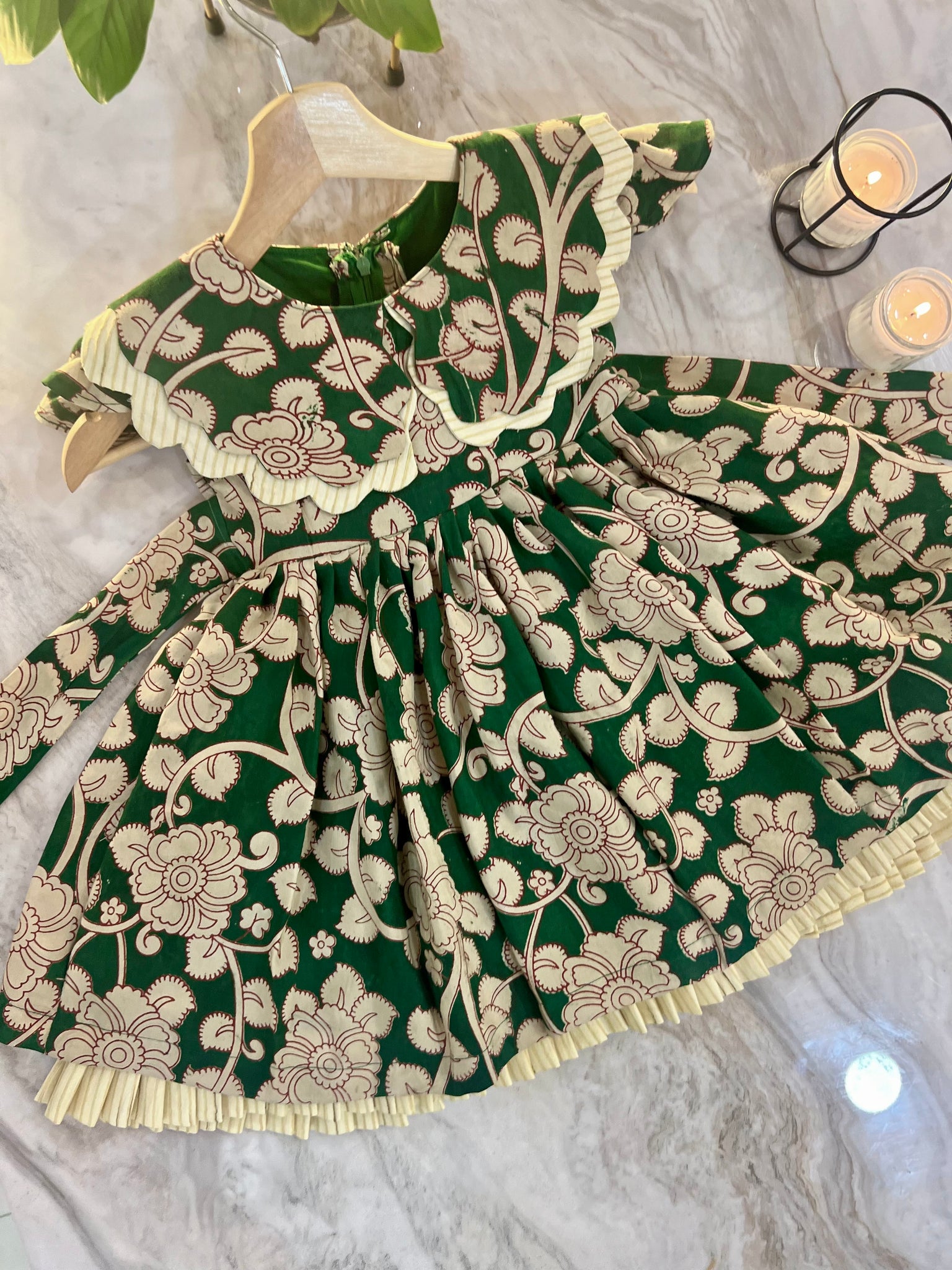 Crystal - Kalamkari Dress With Oversized Dual Collars And Hemline Frills 2-3 Years Crystal - Kalamkari Dress With Oversized Dual Collars And Hemline Frills 2-3 Years