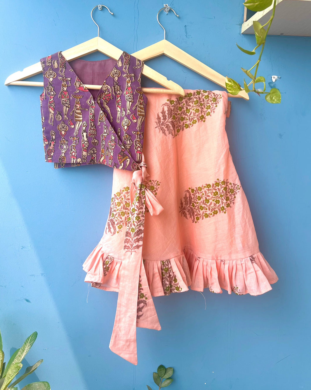 Hibisco purple and peach handwoven cotton lehenga (0-7 Years)
