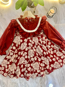 The Gleaming Ruby -Finest  kalamkari  silk ruffle full sleeve party dress