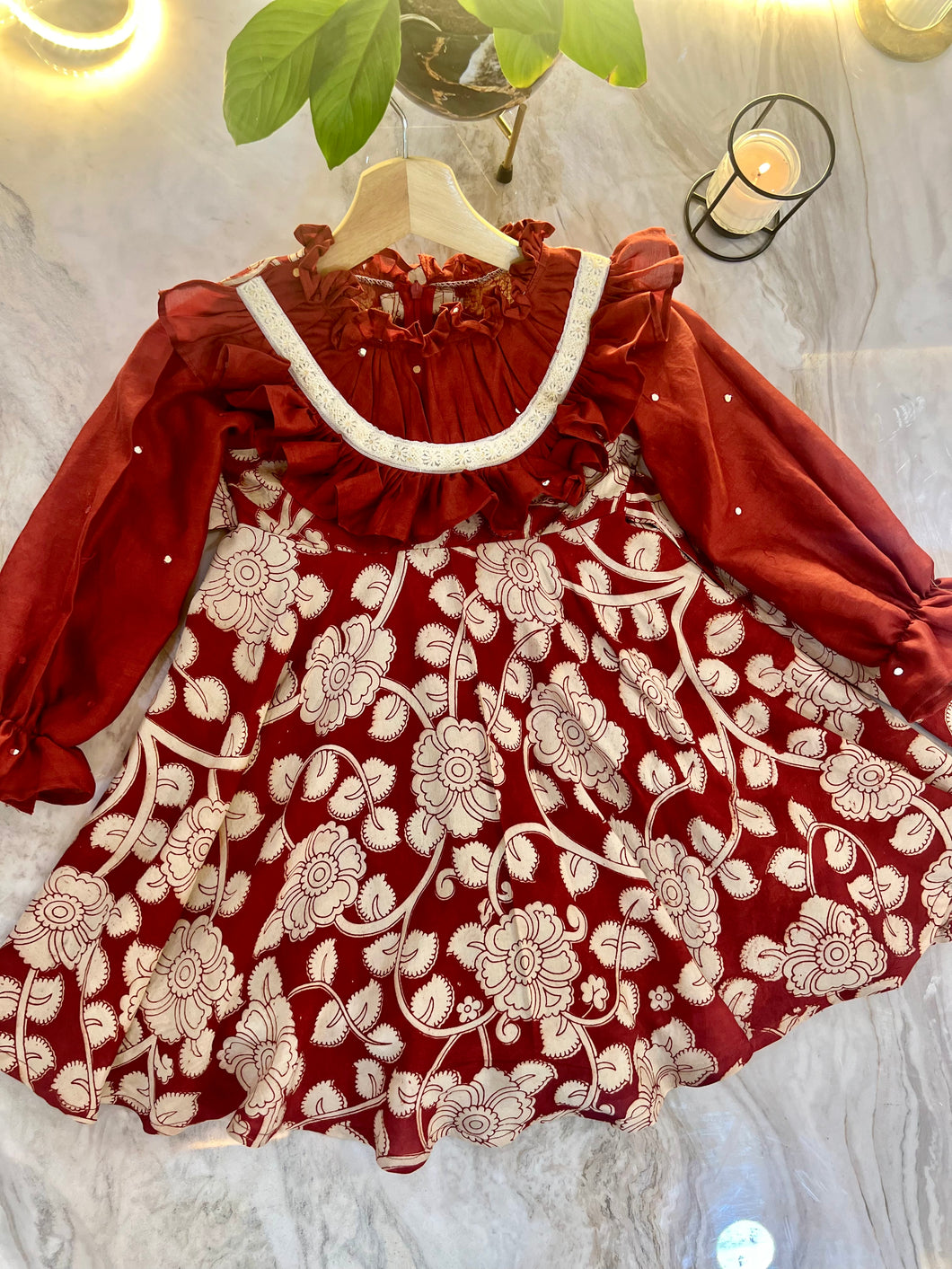 The Gleaming Ruby -Finest  kalamkari  silk ruffle full sleeve party dress