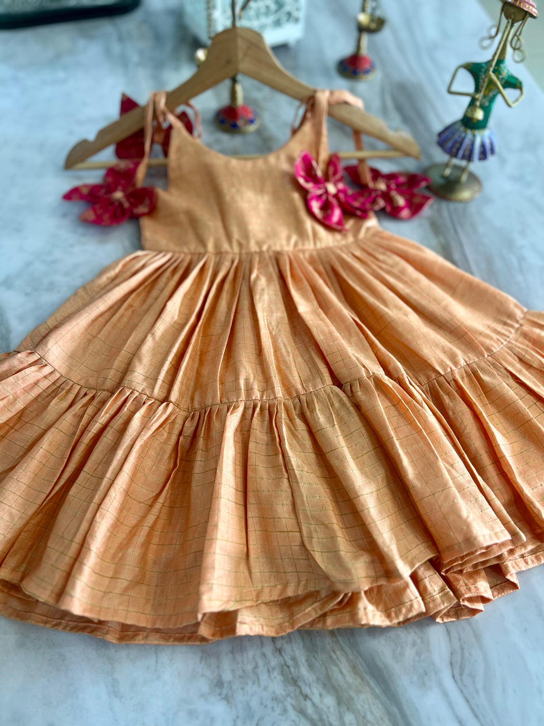 Peach Checkered Butterfly Dress (0-11 Years)