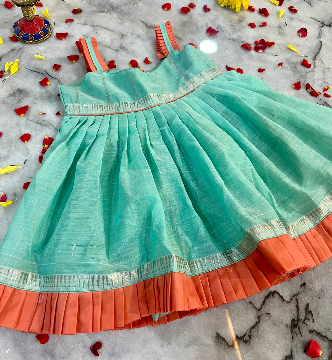 Little queen-Sea green pleated strap and ruffle ethnic dress (0-7 Years)