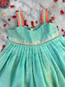 Little queen-Sea green pleated strap and ruffle ethnic dress (0-7 Years)
