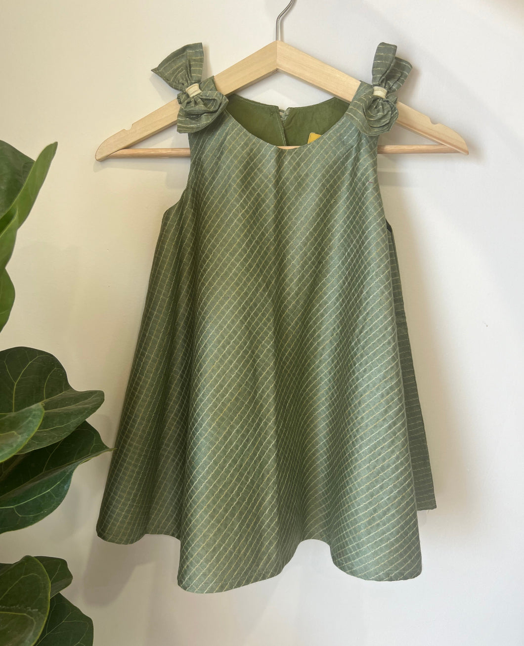 Hibisco sage green ethnic checkered cotton silk dress (0-11 Years)