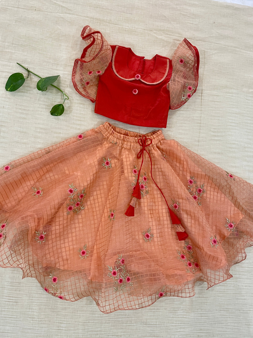 Girls Red & Peach Peter Pan Blouse-Lehenga Set (0-11 Years)