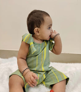Girls Basil-Green Stripes and Ties Romper (0-7 Years)