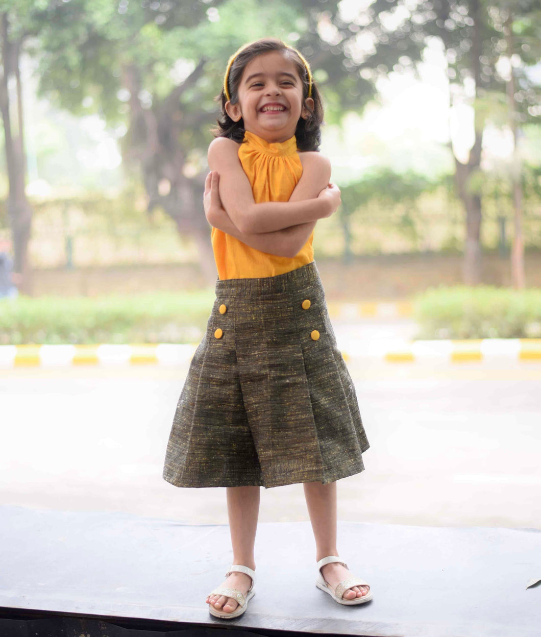 Girls yellow Top With Handloom Pleated Party Skirt (0-11Years)