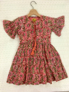 Girls pomegranate peach Hand-block Printed Dress (1-10 Years)