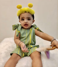 Load image into Gallery viewer, Girls Basil-Green Stripes and Ties Romper (0-7 Years)
