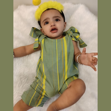 Load image into Gallery viewer, Girls Basil-Green Stripes and Ties Romper (0-7 Years)
