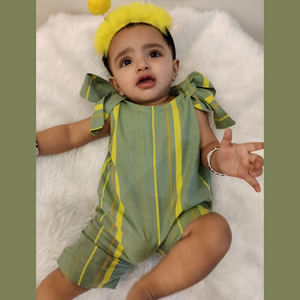 Girls Basil-Green Stripes and Ties Romper (0-7 Years)