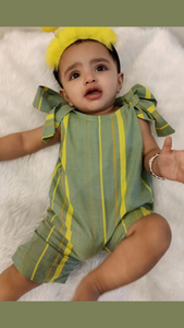 Girls Basil-Green Stripes and Ties Romper (0-7 Years)