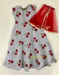 Grey & Red  Crepe Silk Floral Print Long Dress with Cape