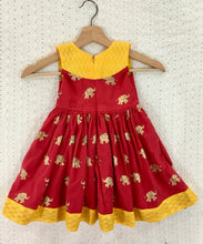 Load image into Gallery viewer, Girls Red Elephant Hand-block Prints Designer Frock (0-5 Years)
