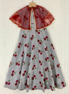 Grey & Red  Crepe Silk Floral Print Long Dress with Cape